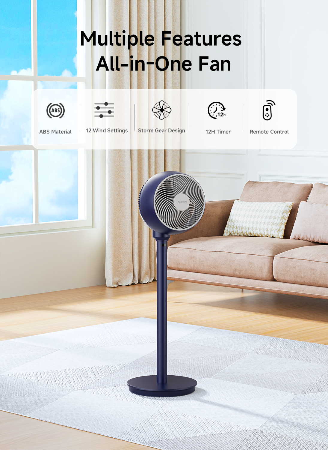 AIRMATE Standing Fan for Bedroom, 9" Blade Pedestal Fan with Remote