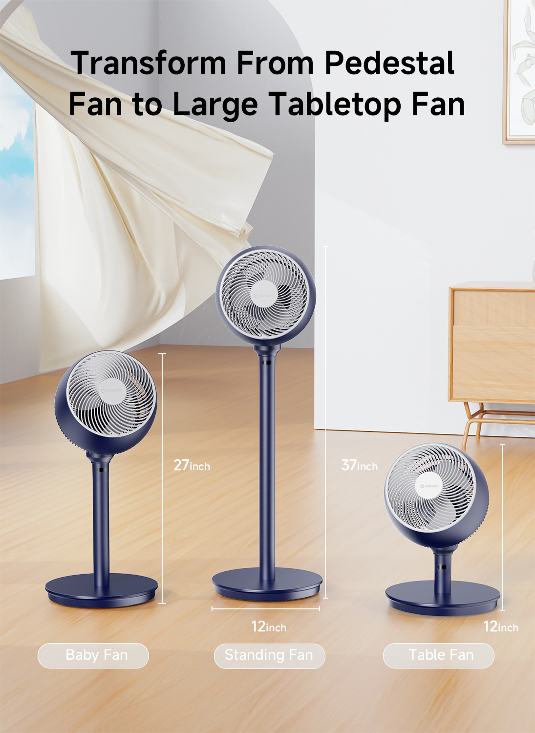 AIRMATE Standing Fan for Bedroom, 9" Blade Pedestal Fan with Remote